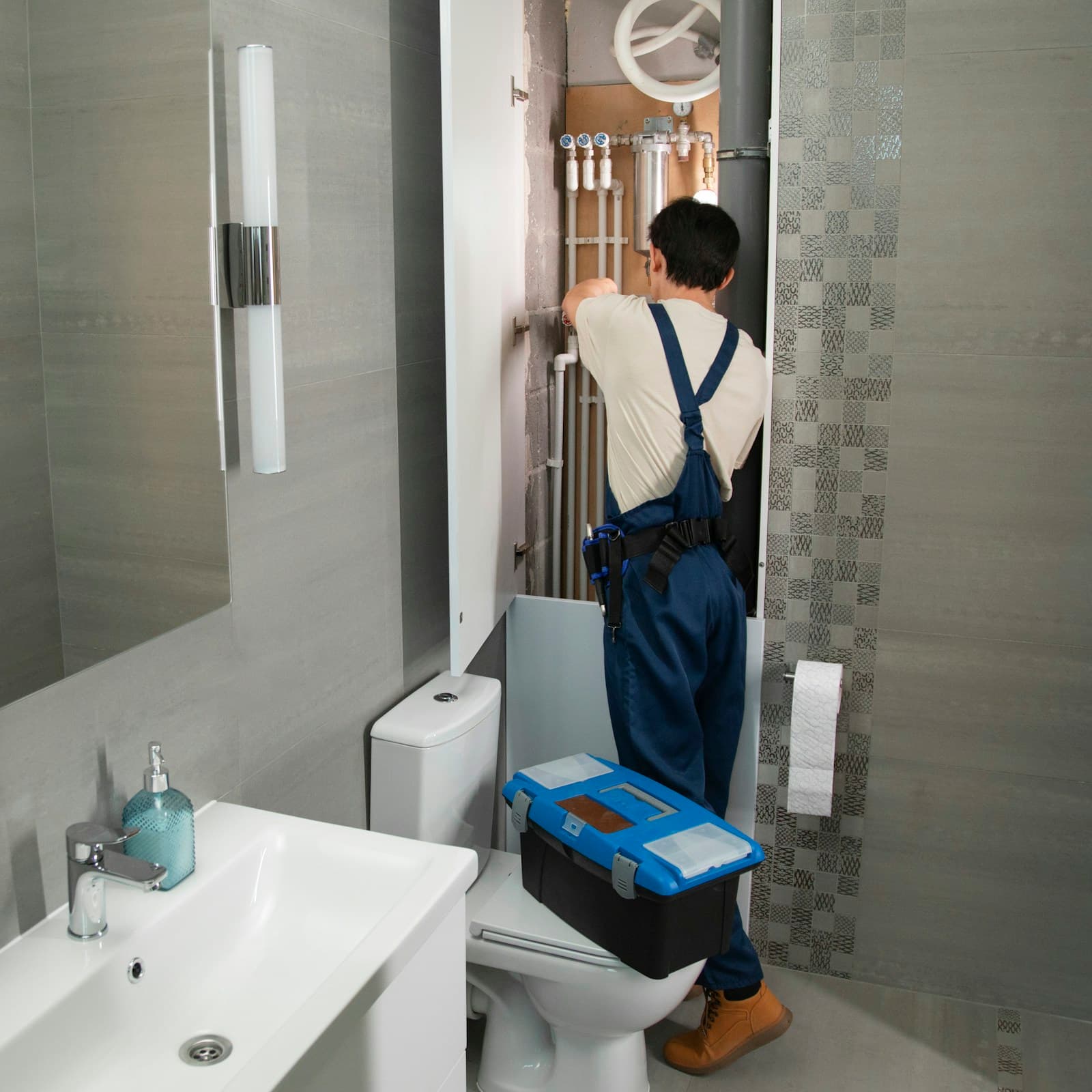 Plumber working on pipework in a customer’s bathroom