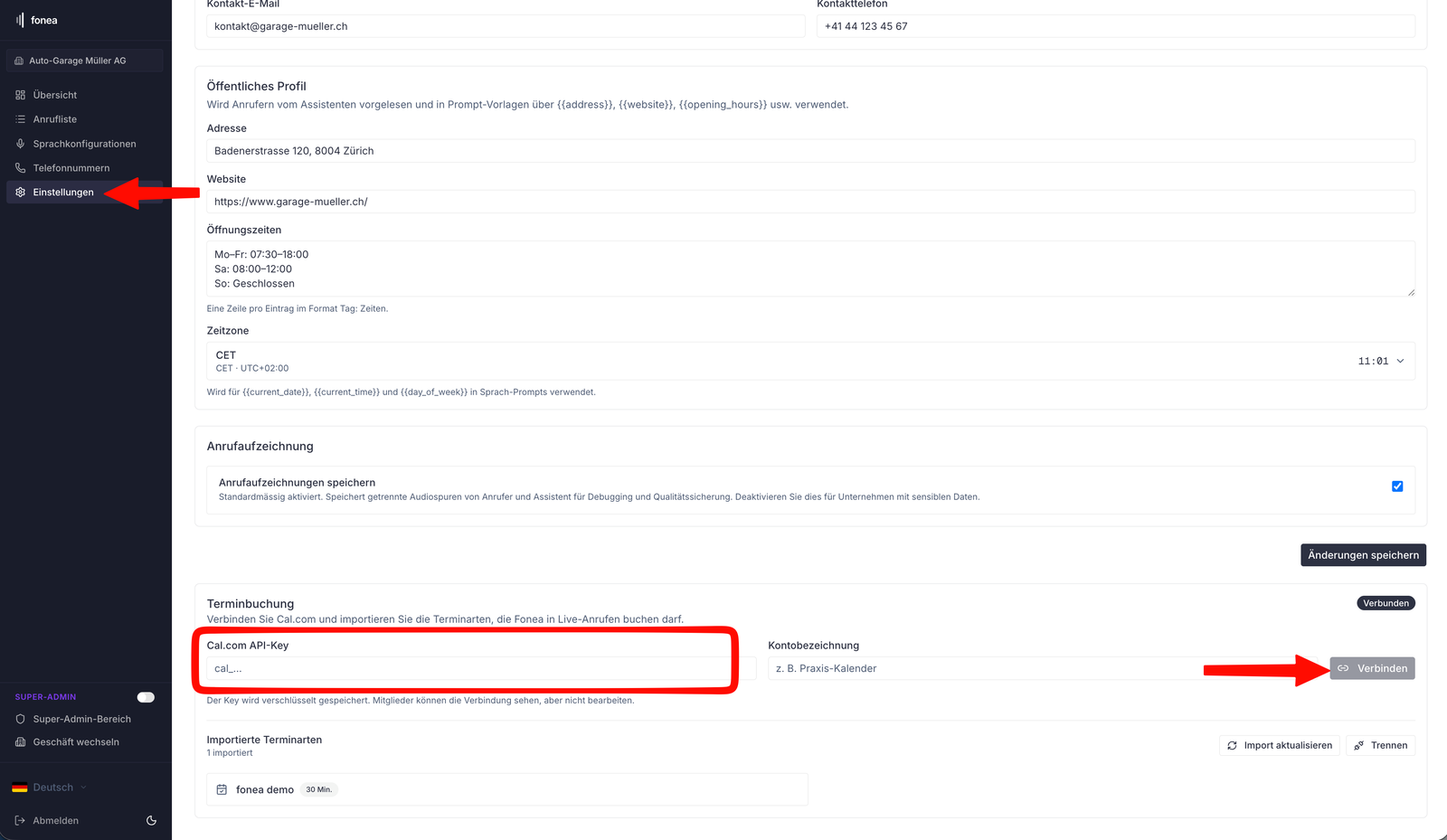 fonea settings, "Appointment booking" section with the field for the Cal.com API key.