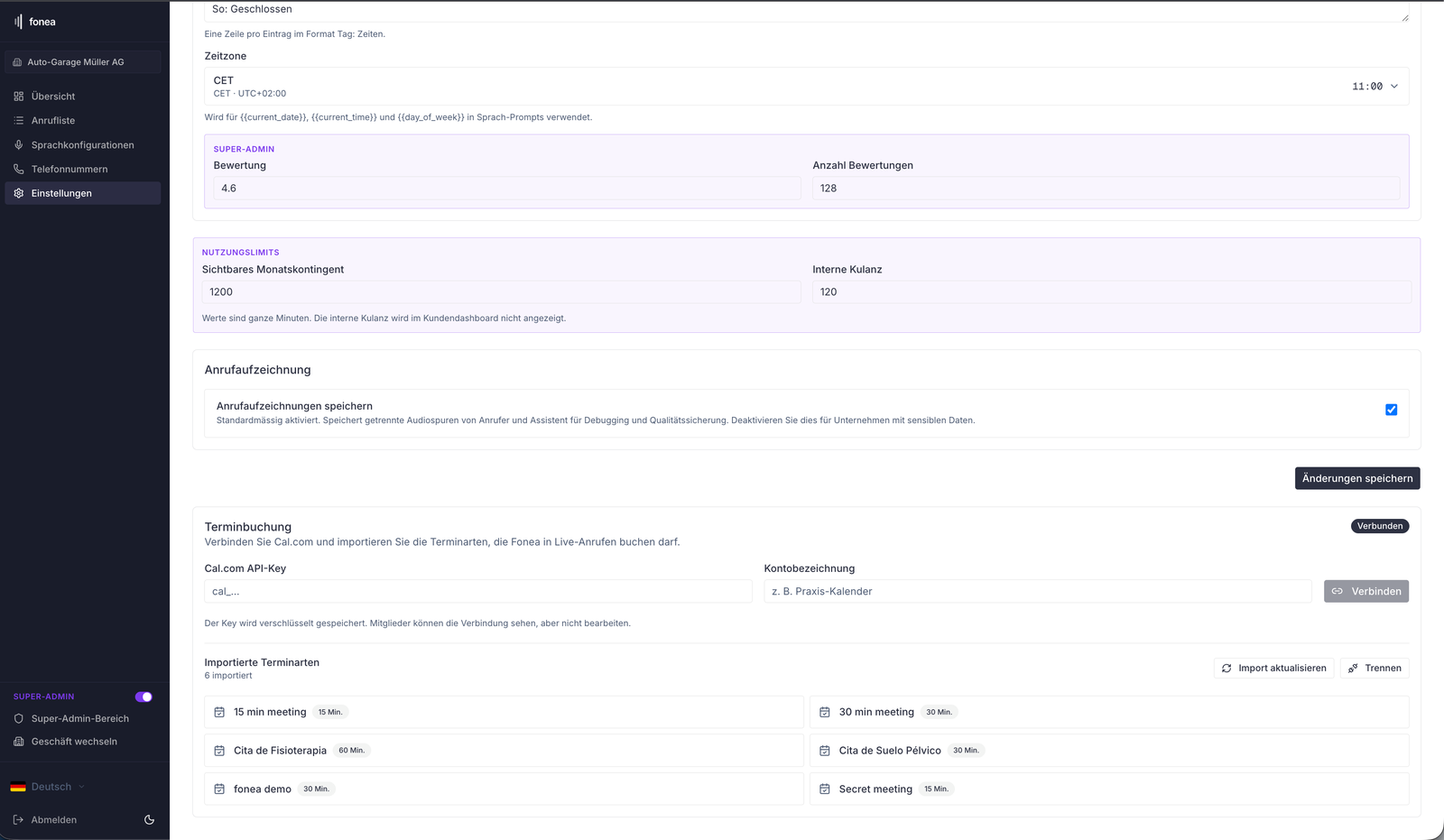 fonea showing the appointment types imported from Cal.com.